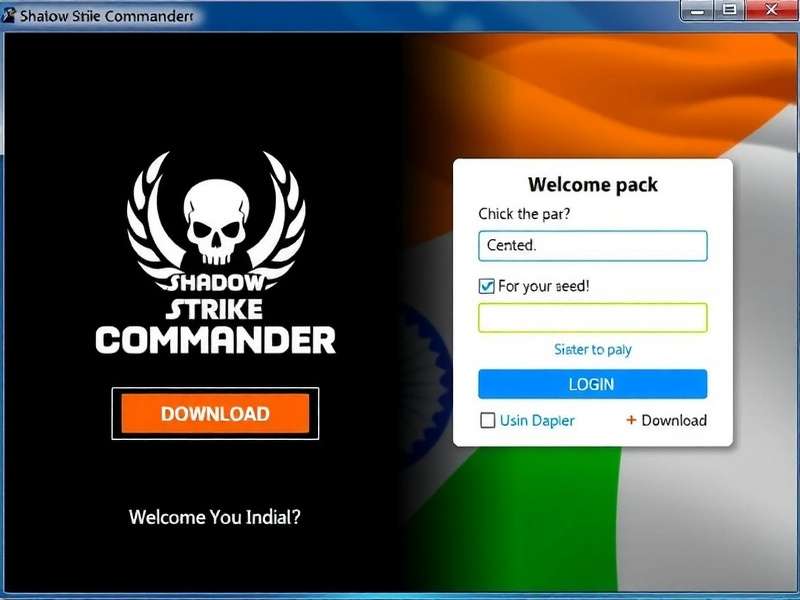 Shadow Strike Commander download and login screen showing Indian welcome pack